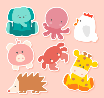Seven cute animal stickers vector material