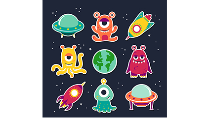 9 vector cartoon aliens and UFO