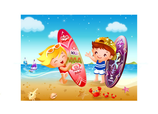 Children's beach surfing vector material