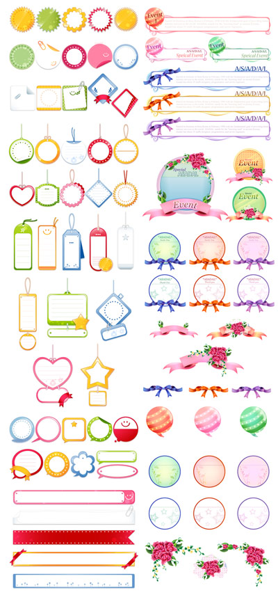 Tag, dialog boxes, bows, roses vector 