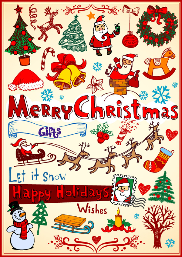 Christmas trees, Christmas wreaths, candles, bells