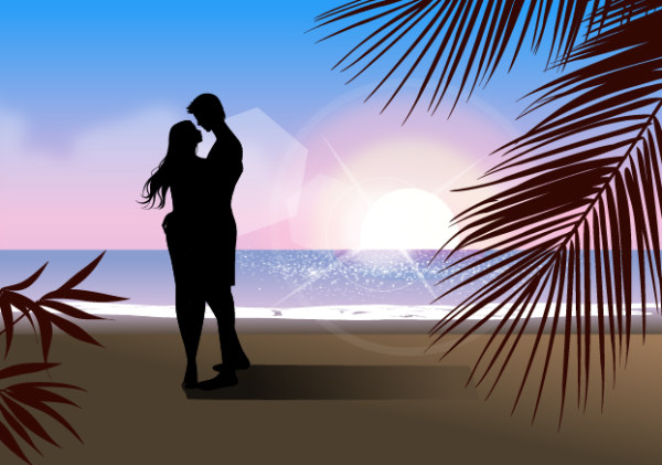 Fashionable men and women beach silhouette vector material