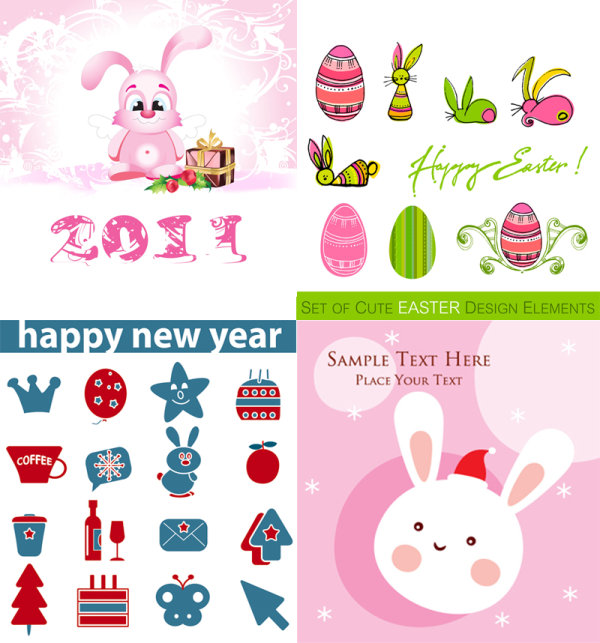 Cartoon rabbit and icons - vector material