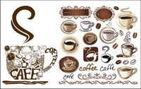 Coffee pot, coffee mugs, coffee beans, coffee shop decorated vector